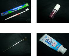 歯ブラシ、歯垢染色剤、デンタルミラー、歯磨き粉