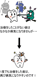 治療をしたことがない歯はなかなか病気になりませんが、1度でも治療をした歯は、再び病気になりやすいのです！